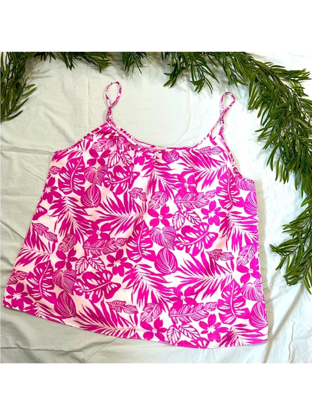 XL Ann Taylor LOFT Plus Sized Bright Pink Tropical Print Spaghetti Strap Tank
